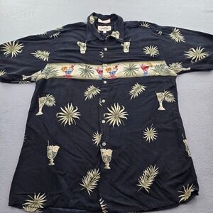 VTG Pierre Cardin Hawaiian Shirt Mens M Black Palm Leaf Tropical Cocktail Print